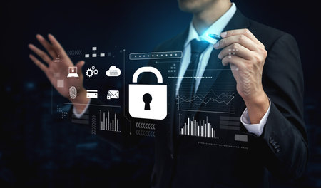 Digital cyber security lock system highlighting data security encryption, cyber password protection, fingerprint ID, cloud storage safety, and cyber security for online access Vouchの写真素材