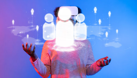 A person immersed in a virtual experience showcases the essence of global networking and communication in the digital age, highlighting innovation and connection.の写真素材