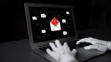 An AI assistant detects a critical cybersecurity threat, identifying a phishing email in the inbox. This smart system issues a warning to prevent a malware attack and data breach.の写真素材