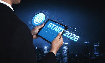 Start 2025 concept with futuristic power button symbolizing fresh beginnings, innovation, and digital transformation. Start 2025, new goals, and start 2025 initiative. Splineの写真素材