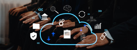 Group of business professionals in a modern office setting engaged in a discussion about cloud...