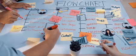 A group of hands working together on a colorful flowchart using sticky notes and markers, showcasing collaboration and strategic planning in a modern office setting.の写真素材