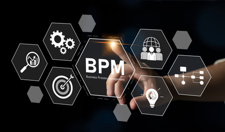 Business Process Management concept showing workflow analysis, process optimization, team collaboration, automation, and performance improvementの写真素材