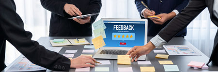 Analyst team use sticky note for creative and analytic brainstorm for business idea with BI data dashboard on laptop screen. Analysis financial data visualization tech for marketing strategy.の写真素材