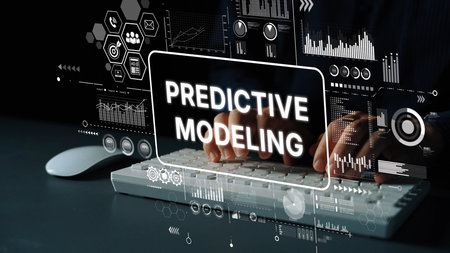 Hands on Keyboard with Digital Screen Displaying Predictive Modeling Data Analysis and Graphical Charts in Modern Office Environment. Asymptotic smart data analytic.の写真素材