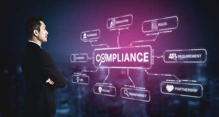 Compliance ensures alignment with standards, laws, and policies. A strong compliance system helps enforce regulation, protect organizations, and improve global compliance transparency.の写真素材
