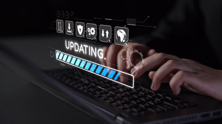 Knowledge upgrade and software update, digital skills improvement, competitive advantage, continuous learning, and staying up to date with latest technology and software trends.の写真素材