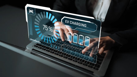 Charging interface for electric vehicles showing real-time battery level, charging status, power...