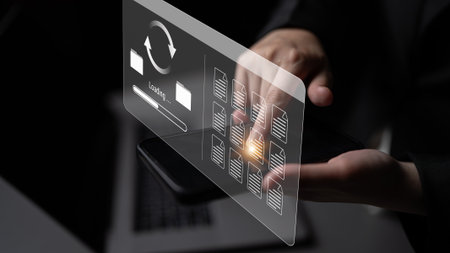 File synchronization or loading interface with progress bar, folders, and documents, symbolizing data backup, transfer, and system update Parseの写真素材