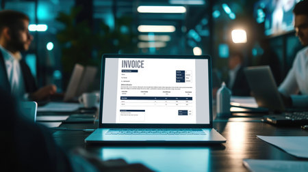 Invoice on computer screen from accounting application. Computer program for financial and budget of corporate business. brisk.の素材