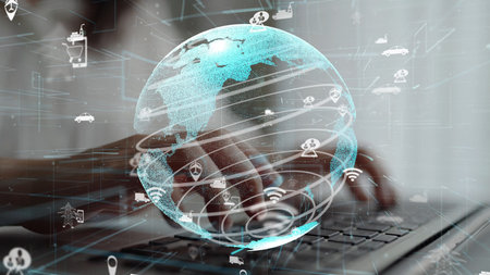 A high-tech visualization depicting a holographic globe and digital connectivity showcases the intersection of technology, communication, and global interaction.の写真素材
