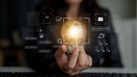 Digital padlock surrounded by data security diagrams representing encryption, network protection,...