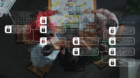 Diverse team gathers in a modern office to brainstorm ideas while an abstract digital security overlay emphasizes the importance of data privacy and teamwork concepts. Rasterの写真素材