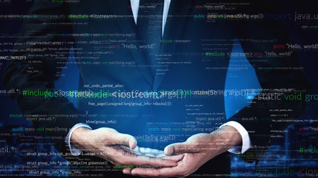A businessman in a suit elegantly holds a digital interface filled with code symbols, illustrating...