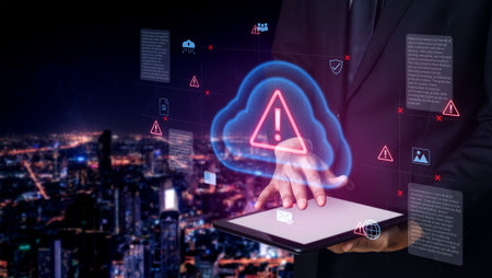 Cloud computing with alert icons and security elements, representing real-time threat detection, risk prevention, and digital infrastructure protectionの写真素材