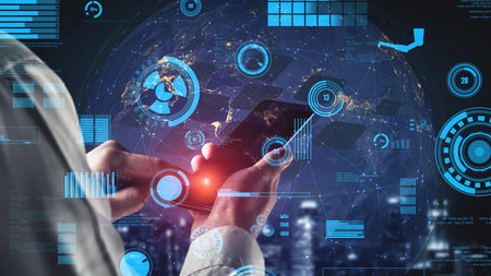 A person holds a smartphone that displays a futuristic interface with global data connections and...