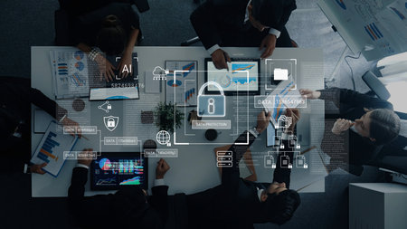 Digital padlock surrounded by data security diagrams representing encryption, network protection,...