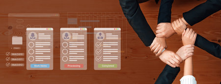Digital interface displaying project tasks under Work Items, Processing, and Completed categories...