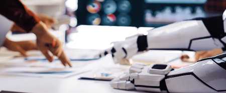 A futuristic business meeting scene featuring a robot arm collaborating with humans over data analysis and strategy planning in a modern office setting.の写真素材