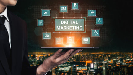 Digital marketing dashboard connecting data analytics, social media, SEO, and content strategy to improve business growth and customer engagement. Parseの写真素材