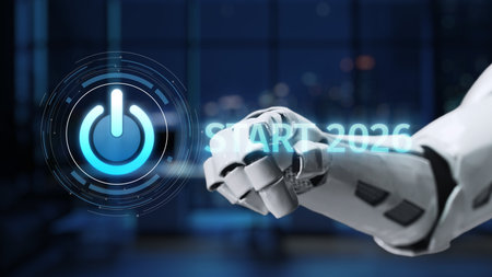 Futuristic robotic hand interacts with a power symbol for the upcoming year 2026, showcasing...