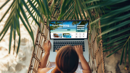 Online hotel accommodation booking website provide brisk reservation system . Travel technology concept .の素材