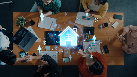 Concept of real estate investment and a rising housing market. The increase in property value is shown by growing mortgage rates, prices, and overall market appreciation.の写真素材