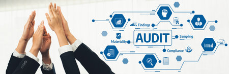 Office worker team stacking hand together symbolize successful group of business partnership and strong collective unity teamwork in community workplace in panoramic banner.の写真素材