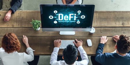 Decentralized finance or DeFi concept on brisk computer screen . The defi system give new choice of investment and money saving .の素材