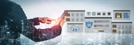 Secure login and file management interface with folder, password, and encryption icons for...