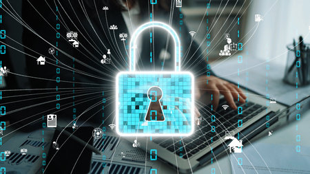 This image illustrates a digital lock representing security and privacy in technology. It highlights...