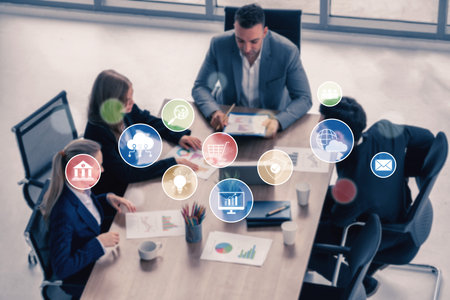 Set of business and digital service icons representing finance, cloud, analytics, email,...
