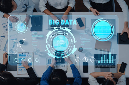 A diverse team collaborates on big data analysis, utilizing digital interfaces and analyzing...