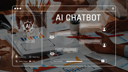 This image showcases a modern AI chatbot interface facilitating business communication, highlighting collaboration and digital interaction in professional settings. Rasterの写真素材