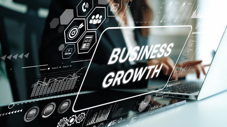 Business Growth Strategy on Digital Screen with Analytics and Charts for Modern Entrepreneurship Planning. Asymptotic smart data analytic.の写真素材