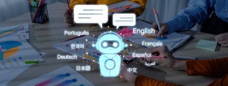 This image illustrates a collaborative workspace where diverse individuals discuss ideas with a digital assistant, emphasizing the importance of multilingual communication for creativity.の写真素材