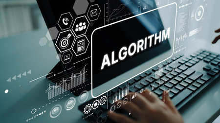 Digital Interface Displaying Algorithm Concepts with Futuristic Data Visualization and Technology Elements. Asymptotic smart data analytic.の写真素材