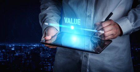 Value measurement and adjustment concept showing value, performance, and optimization level with...