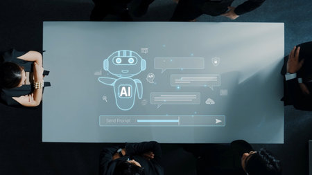 A dynamic business meeting scene with a projected chatbot on a conference table, highlighting the...
