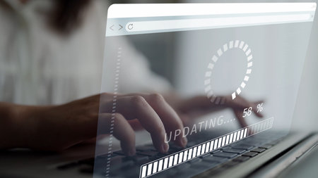 Knowledge upgrade and software update, digital skills improvement, competitive advantage, continuous learning, and staying up to date with latest technology and software trends.の写真素材