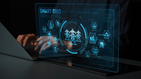 Smart grid system integrating renewable energy sources, energy storage, smart inverters, and demand response for efficient, decentralized, and modern power distributionの写真素材