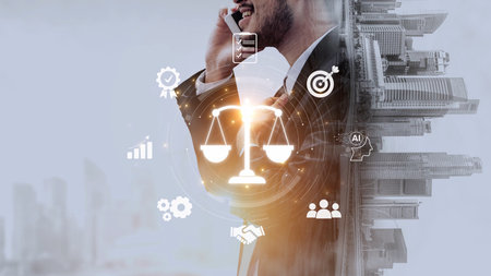 Futuristic digital law interface displaying justice scale, highlighting digital law, AI compliance, digital law systems, and digital law regulations for secure governance. Muxerの写真素材