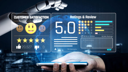 AI assistant analyzes customer reviews and feedback, detects satisfaction trends, and provides smart recommendations for service improvement.の写真素材