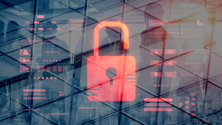 Digital security concept illustrating a cybersecurity breach, with a red unlocked padlock indicating data exposure among secure systems, emphasizing system vulnerability and riskの写真素材