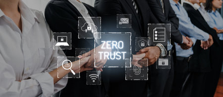 Business professionals convey unity while showcasing the zero trust security model through digital...
