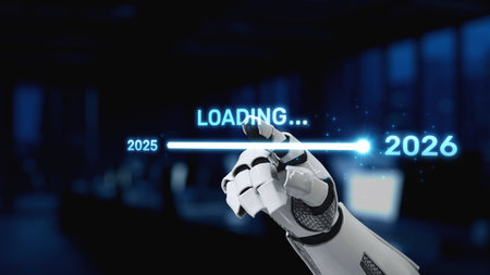 A robotic hand points at a glowing loading bar, illustrating the passage between the years 2025 and 2026 in a modern office setting, symbolizing technological progress. Synapseの写真素材