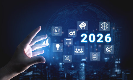 Digital icons, analytics symbols, and glowing number 2026 representing business goals, innovation, and market growth Parseの写真素材