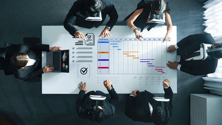 A project management dashboard for business. The interface features a Gantt chart to visualize the...