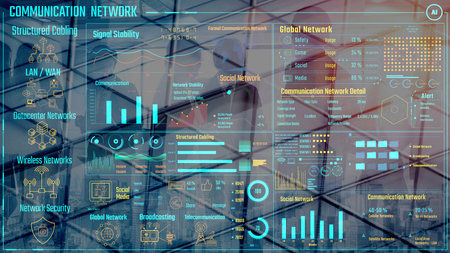 Data center monitoring dashboard visualize network performance, connection status, usage rate, and telecommunication insight. Data center monitoring efficiency improvement network transparency. Thunkの写真素材