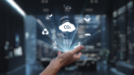 A hand represents the fusion of technology and sustainability, showcasing icons that symbolize carbon reduction, renewable energy, and responsible environmental practices.の写真素材